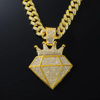 Hip Hop Iced Out Crown Pendant Necklace With 13mm Rhinestone Cuban ChainAzizaK