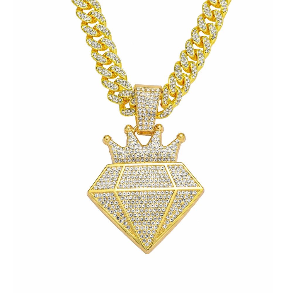 Hip Hop Iced Out Crown Pendant Necklace With 13mm Rhinestone Cuban ChainAzizaK