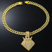 Hip Hop Iced Out Crown Pendant Necklace With 13mm Rhinestone Cuban ChainAzizaK