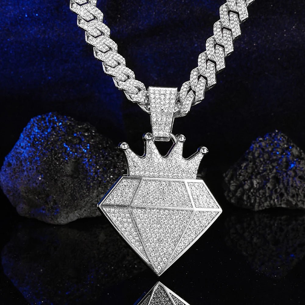 Hip Hop Iced Out Crown Pendant Necklace With 13mm Rhinestone Cuban ChainAzizaK