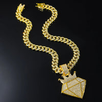 Hip Hop Iced Out Crown Pendant Necklace With 13mm Rhinestone Cuban ChainAzizaK