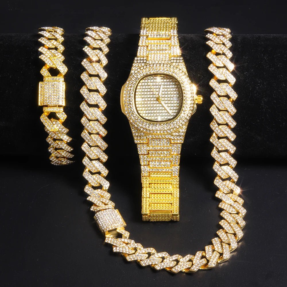 Hip Hop Necklace, Watch+Bracelet for MenAzizaK