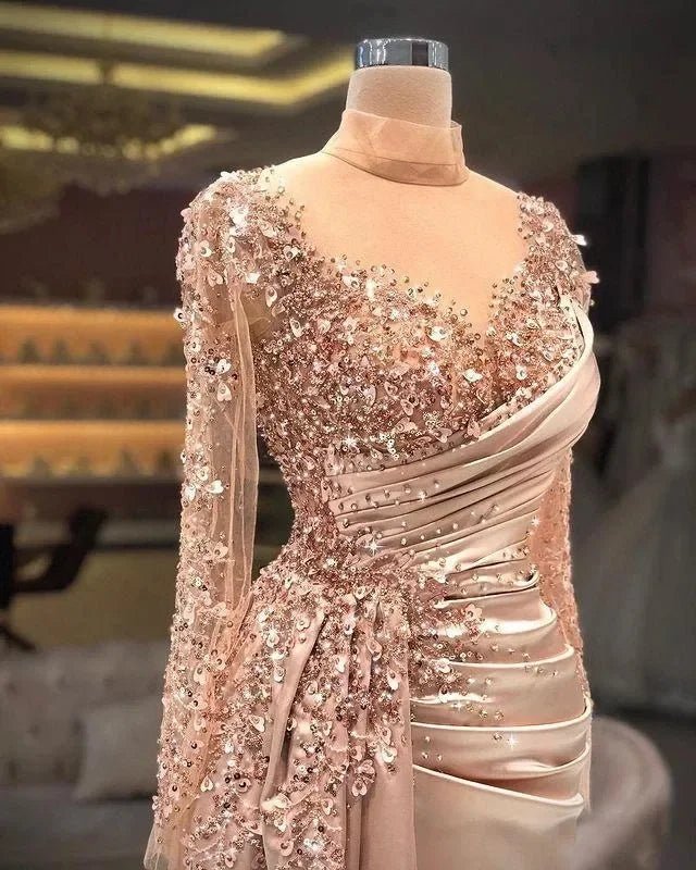 Luxurious 2024 Mermaid Prom Dress Long Sleeve Sheer Neck Sequins Evening Gown Blush Pink Plus Size Arabic Aso EbiAzizaK