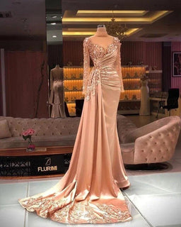 Luxurious 2024 Mermaid Prom Dress Long Sleeve Sheer Neck Sequins Evening Gown Blush Pink Plus Size Arabic Aso EbiAzizaK