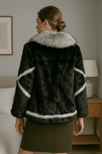 Luxury Faux Fur Coat with Silver Fox Collar – Black & White StripesAzizaK