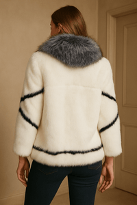 Luxury Faux Fur Coat with Silver Fox Collar – Black & White StripesAzizaK