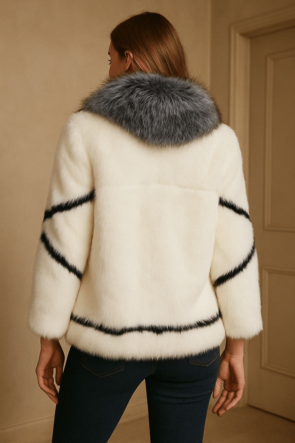 Luxury Faux Fur Coat with Silver Fox Collar – Black & White StripesAzizaK