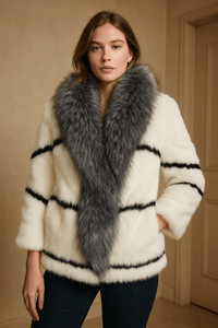 Luxury Faux Fur Coat with Silver Fox Collar – Black & White StripesAzizaK