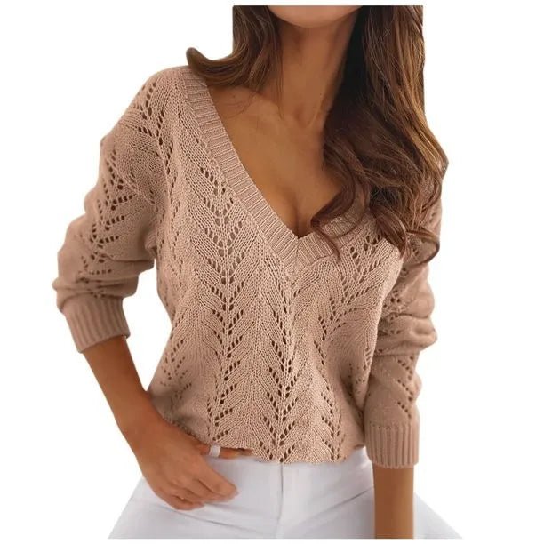 Mocha Solid Color Cutout Casual Knit SweaterAzizaK
