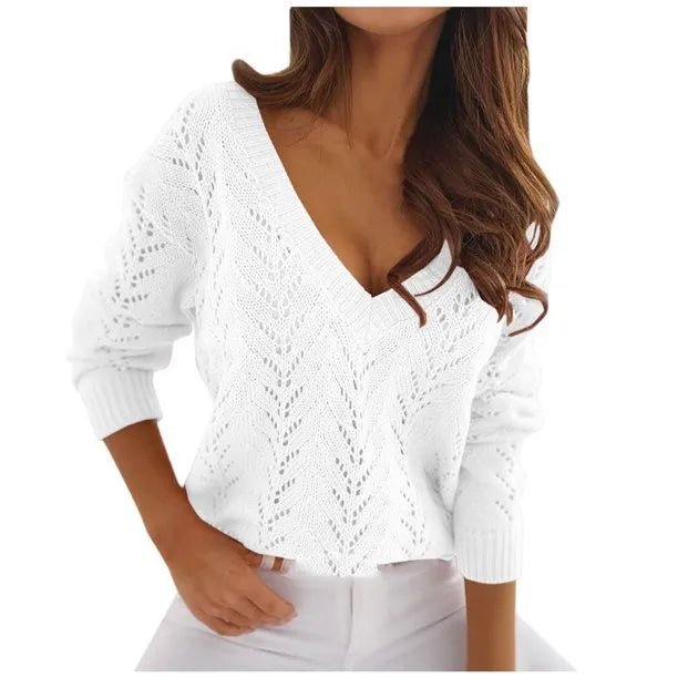 Mocha Solid Color Cutout Casual Knit SweaterAzizaK