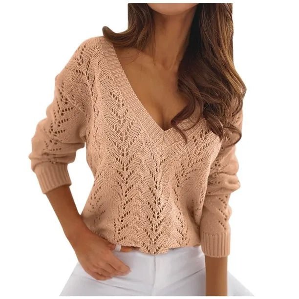Mocha Solid Color Cutout Casual Knit SweaterAzizaK