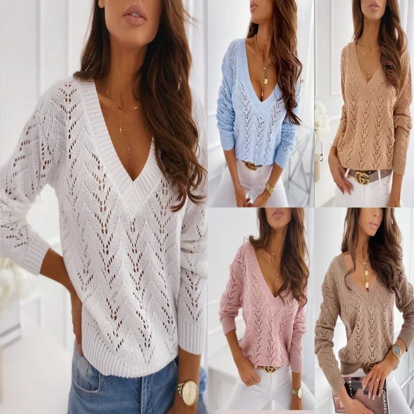 Mocha Solid Color Cutout Casual Knit SweaterAzizaK