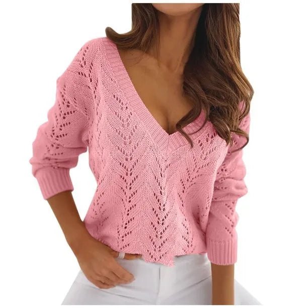 Mocha Solid Color Cutout Casual Knit SweaterAzizaK