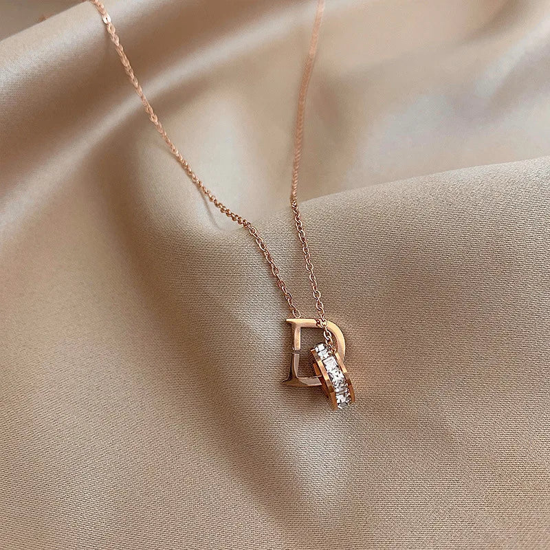 New Classic Zircon D Letter Pendant Titanium Steel Short NecklaceAzizaK