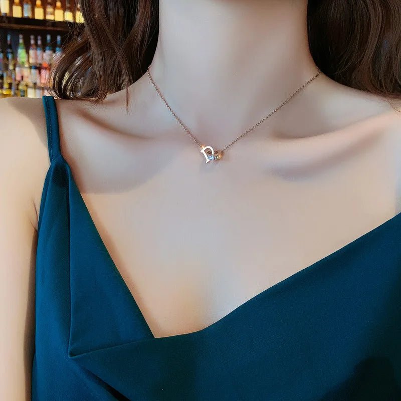 New Classic Zircon D Letter Pendant Titanium Steel Short NecklaceAzizaK