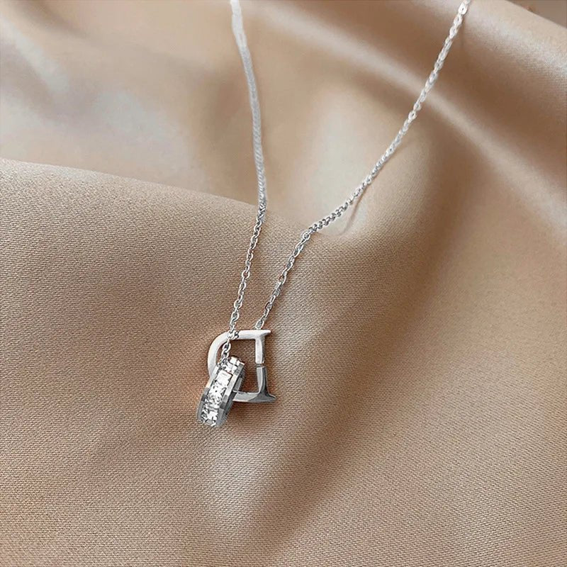 New Classic Zircon D Letter Pendant Titanium Steel Short NecklaceAzizaK