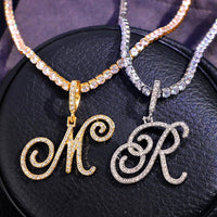 New Cursive Letters Cubic Zirconia Chain Intial Name Necklace Hip Hop Jewelry Gold Silver Color CZ 26 Alphabet Pendant NecklacesAzizaK