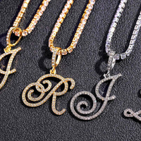 New Cursive Letters Cubic Zirconia Chain Intial Name Necklace Hip Hop Jewelry Gold Silver Color CZ 26 Alphabet Pendant NecklacesAzizaK
