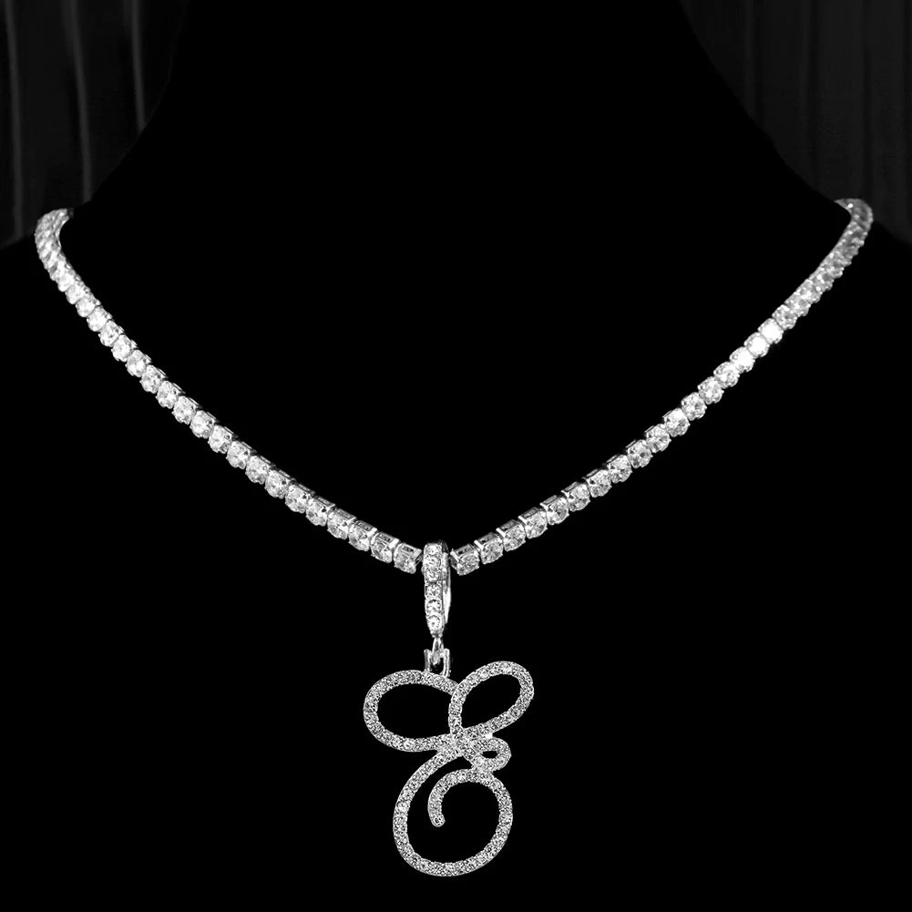 New Cursive Letters Cubic Zirconia Chain Intial Name Necklace Hip Hop Jewelry Gold Silver Color CZ 26 Alphabet Pendant NecklacesAzizaK