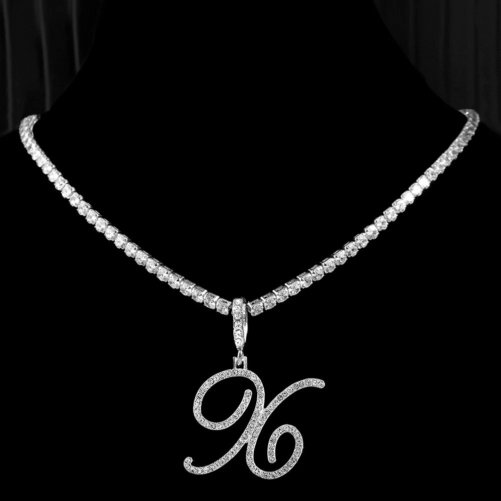 New Cursive Letters Cubic Zirconia Chain Intial Name Necklace Hip Hop Jewelry Gold Silver Color CZ 26 Alphabet Pendant NecklacesAzizaK