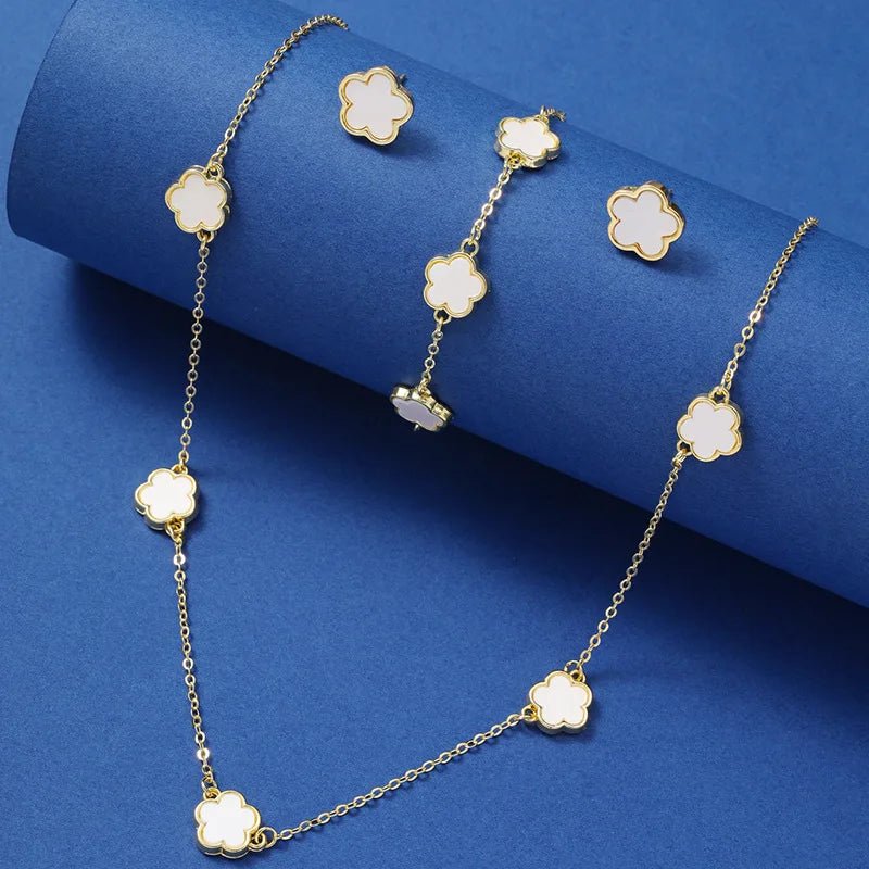 New Hot Selling Multicolour Lucky Five Leaf Flower Pendant Necklace Bracelet Set for Women Gift Trendy Jewelry Paty Jewelry SetsAzizaK