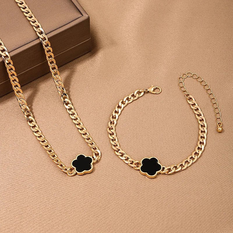 New Hot Selling Multicolour Lucky Five Leaf Flower Pendant Necklace Bracelet Set for Women Gift Trendy Jewelry Paty Jewelry SetsAzizaK