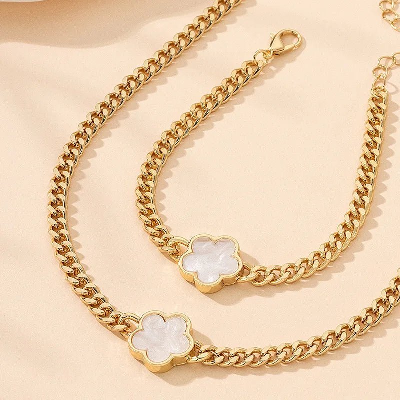 New Hot Selling Multicolour Lucky Five Leaf Flower Pendant Necklace Bracelet Set for Women Gift Trendy Jewelry Paty Jewelry SetsAzizaK