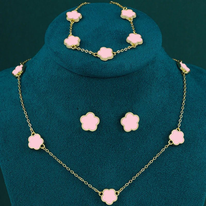 New Hot Selling Multicolour Lucky Five Leaf Flower Pendant Necklace Bracelet Set for Women Gift Trendy Jewelry Paty Jewelry SetsAzizaK