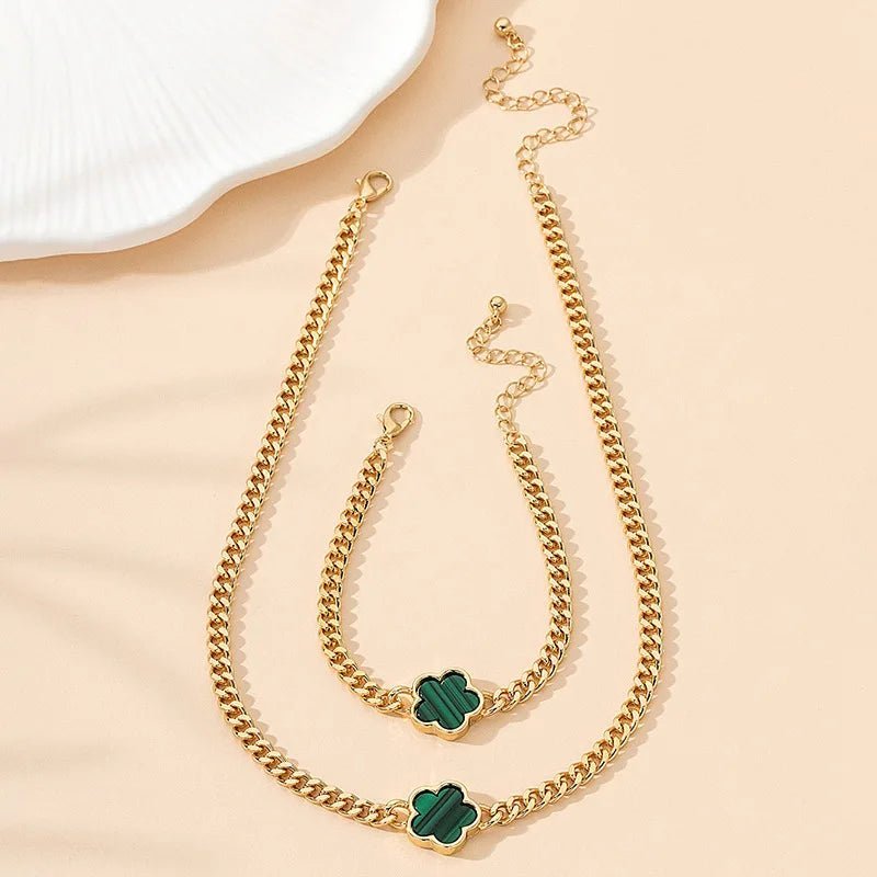 New Hot Selling Multicolour Lucky Five Leaf Flower Pendant Necklace Bracelet Set for Women Gift Trendy Jewelry Paty Jewelry SetsAzizaK