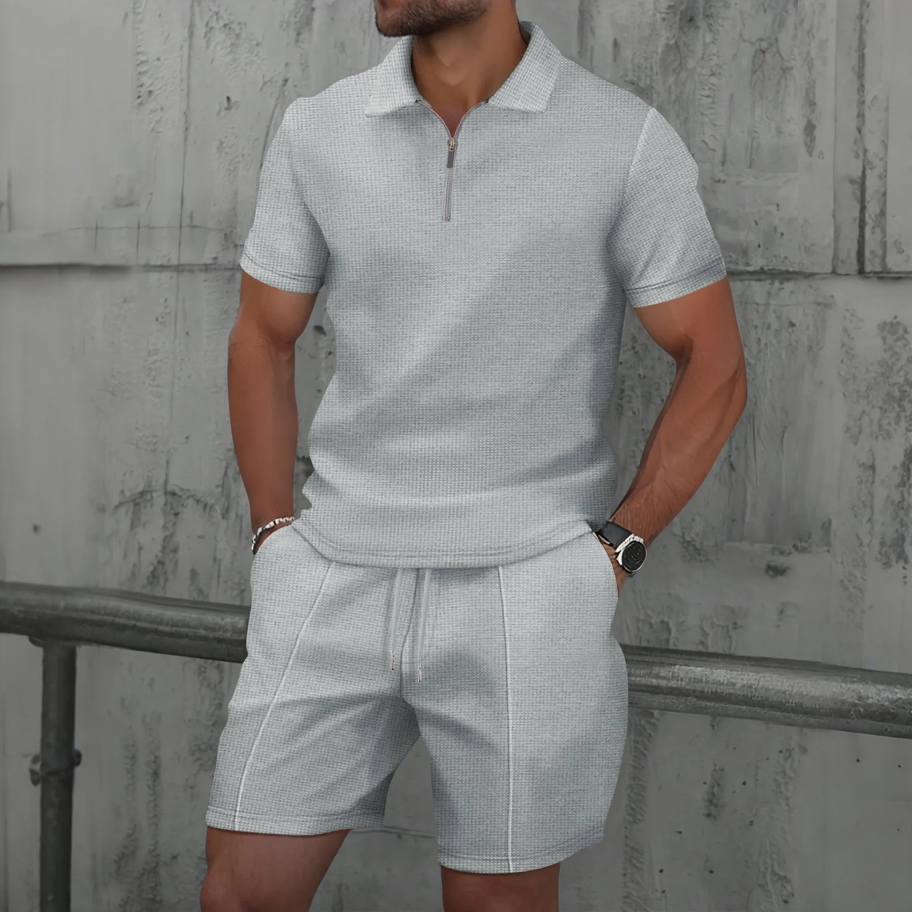 🌞 New Summer Waffle Set – Solid Color Zip - Up Lapel Top & Shorts (2 - Piece)AzizaK
