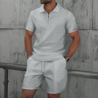 🌞 New Summer Waffle Set – Solid Color Zip - Up Lapel Top & Shorts (2 - Piece)AzizaK