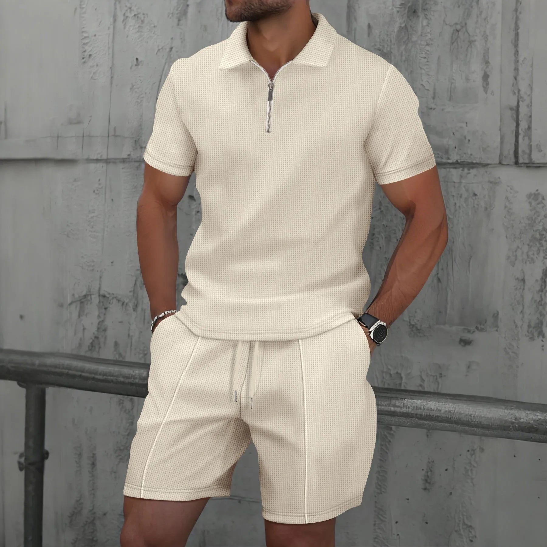 🌞 New Summer Waffle Set – Solid Color Zip - Up Lapel Top & Shorts (2 - Piece)AzizaK