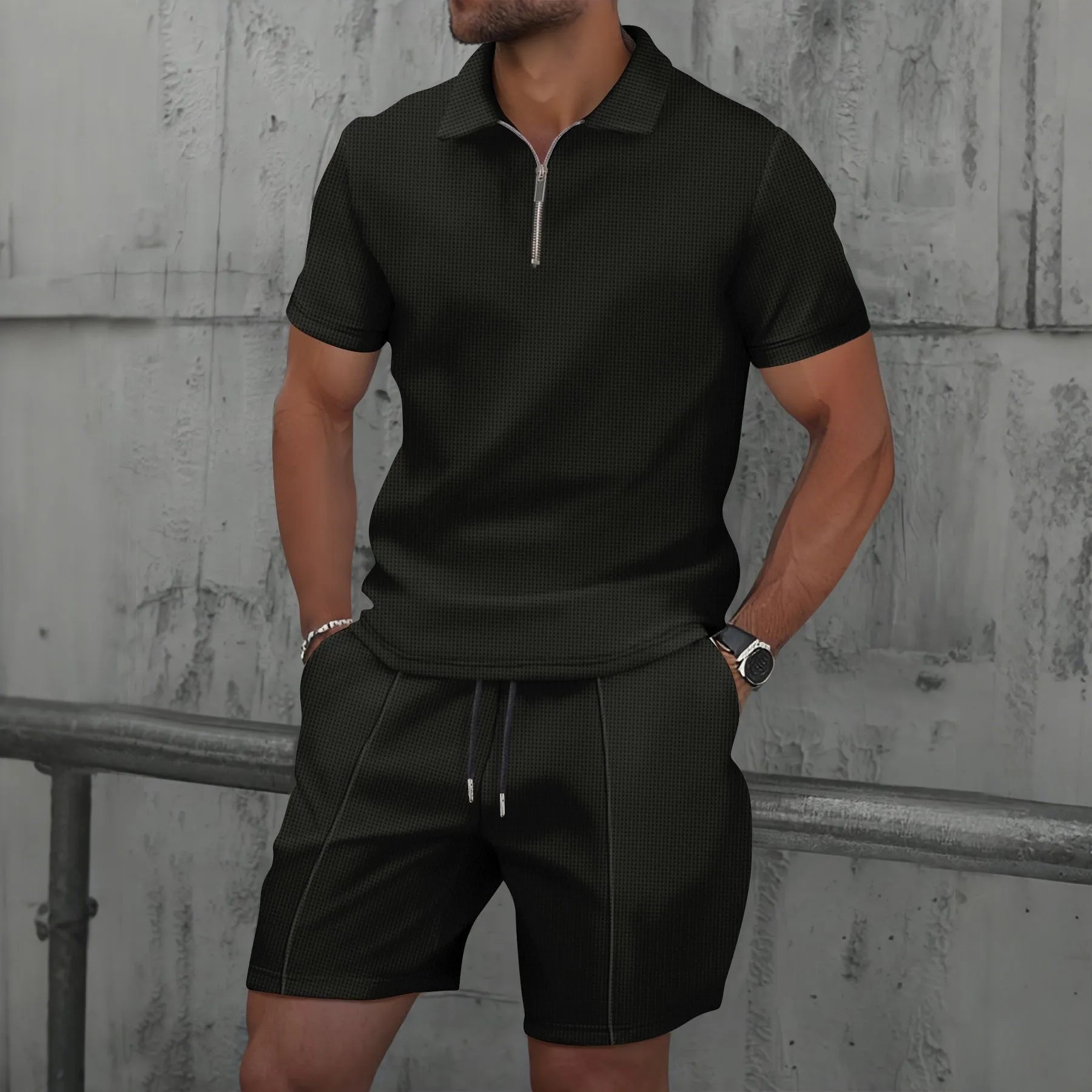 🌞 New Summer Waffle Set – Solid Color Zip - Up Lapel Top & Shorts (2 - Piece)AzizaK