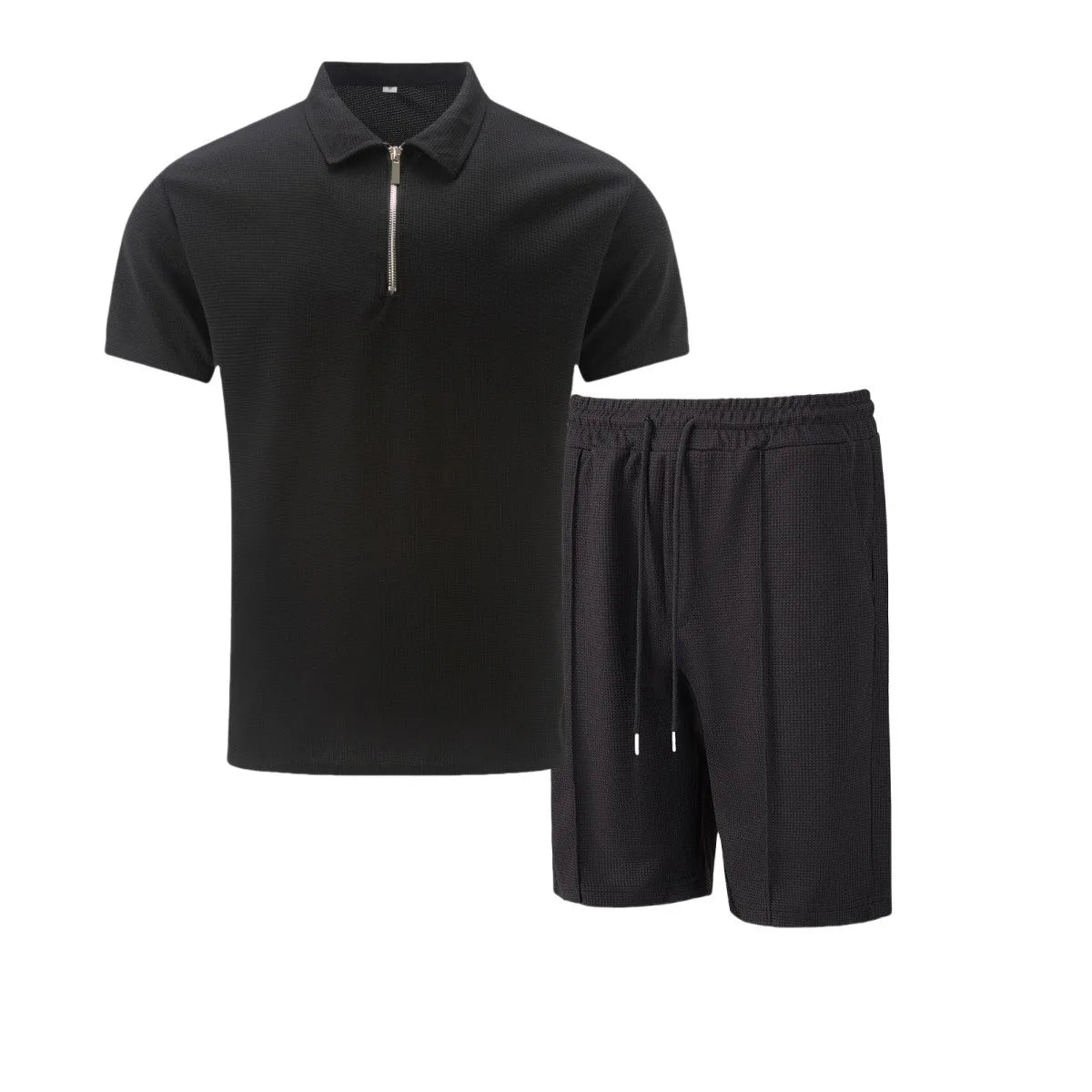 🌞 New Summer Waffle Set – Solid Color Zip - Up Lapel Top & Shorts (2 - Piece)AzizaK