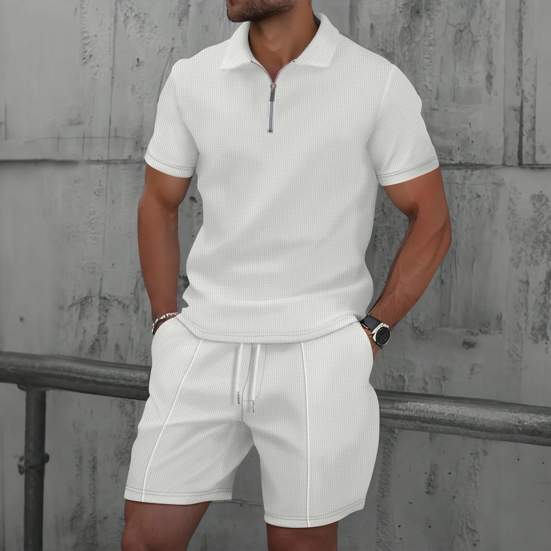 🌞 New Summer Waffle Set – Solid Color Zip - Up Lapel Top & Shorts (2 - Piece)AzizaK