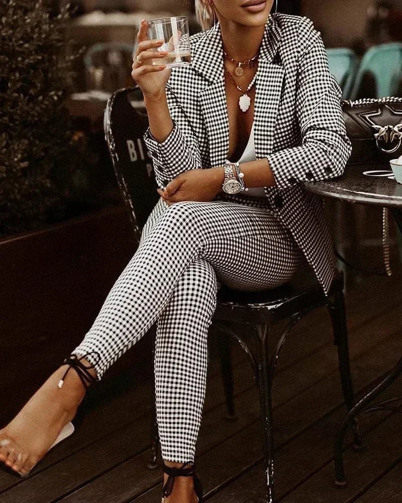 Plaid Print Lapel Collar Blazer and Pants SetAzizaK