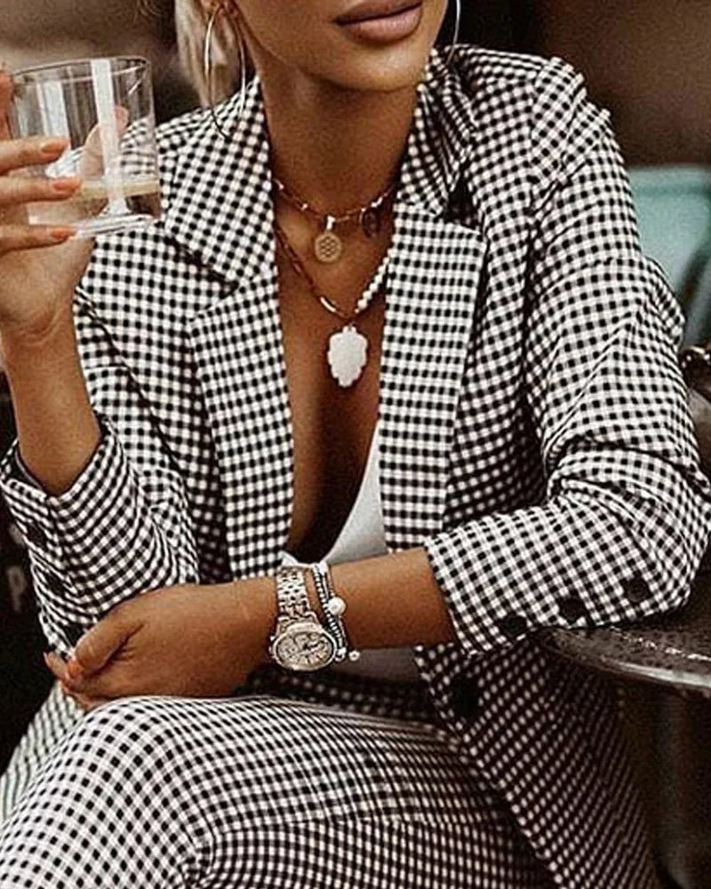 Plaid Print Lapel Collar Blazer and Pants SetAzizaK