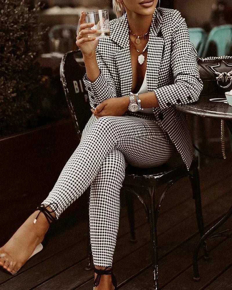 Plaid Print Lapel Collar Blazer & Pants Set Women 2pcs Clothes Suit Pants Suits Spring Autumn Fashion CasualAzizaK