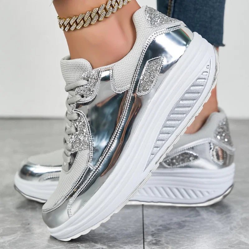 Platform Glitter Sneakers – Women’s Shiny Lace - Up TrainersAzizaK