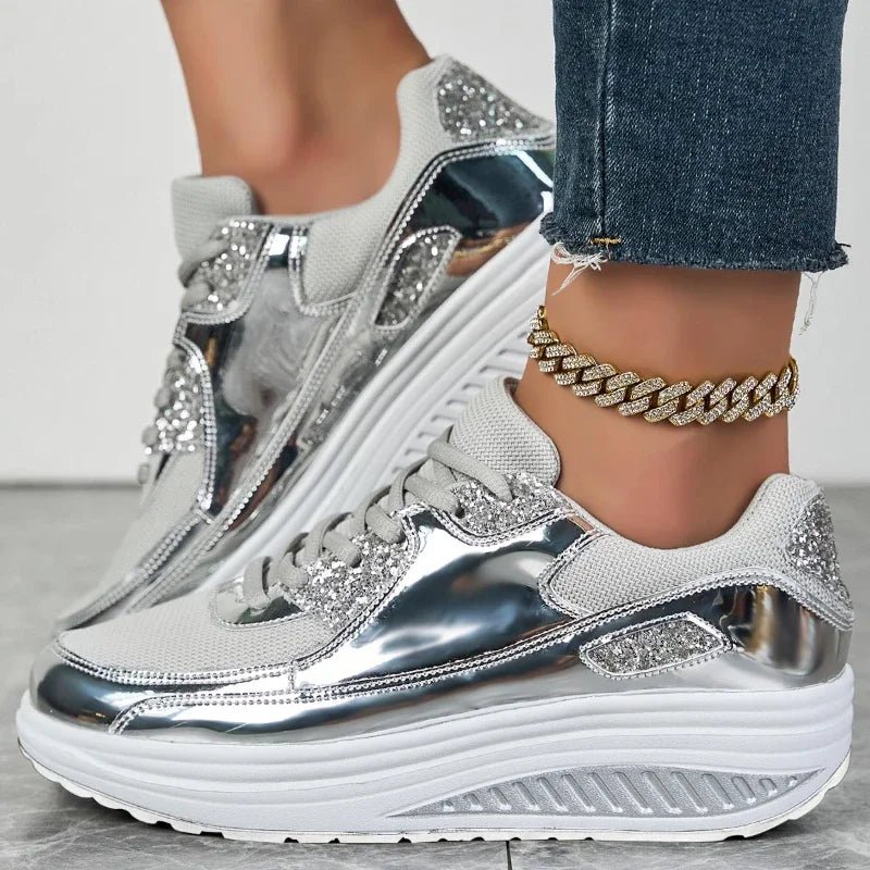 Platform Glitter Sneakers – Women’s Shiny Lace - Up TrainersAzizaK