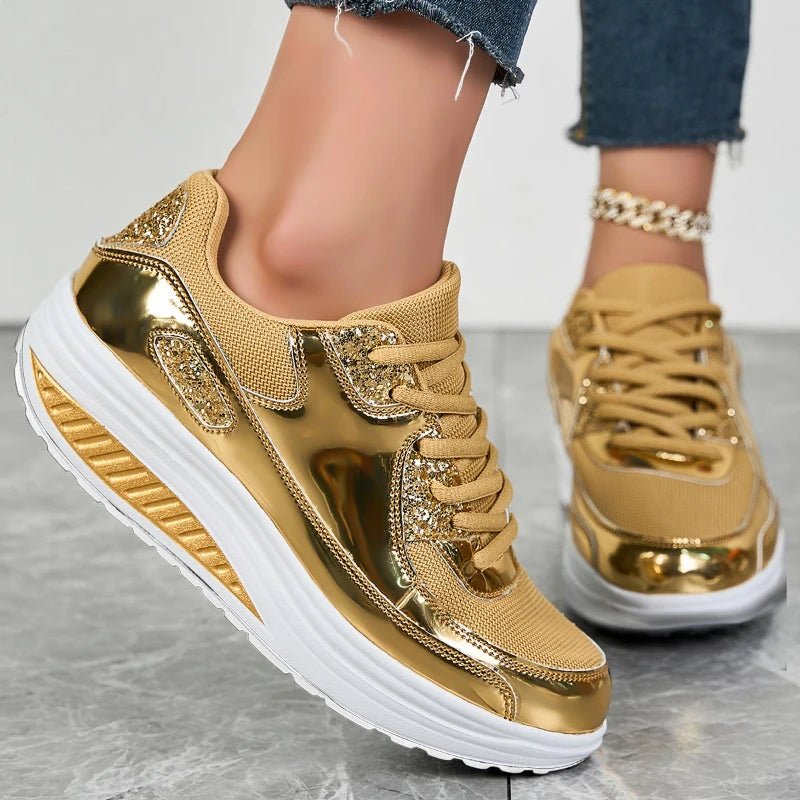 Platform Glitter Sneakers – Women’s Shiny Lace - Up TrainersAzizaK