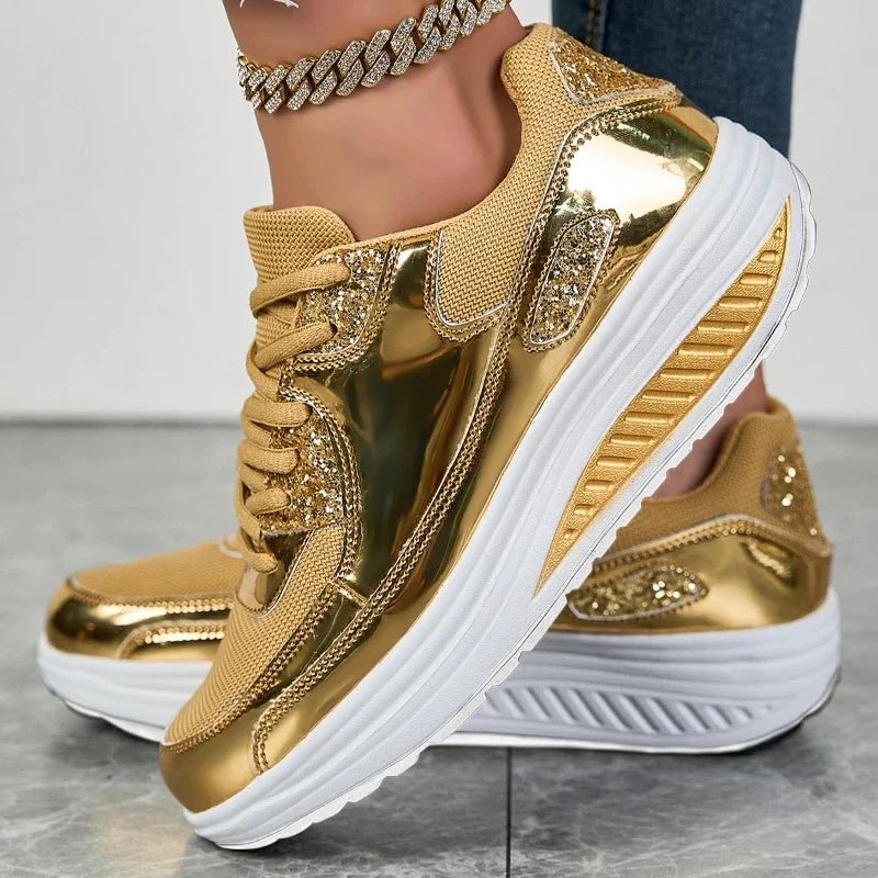 Platform Glitter Sneakers – Women’s Shiny Lace - Up TrainersAzizaK