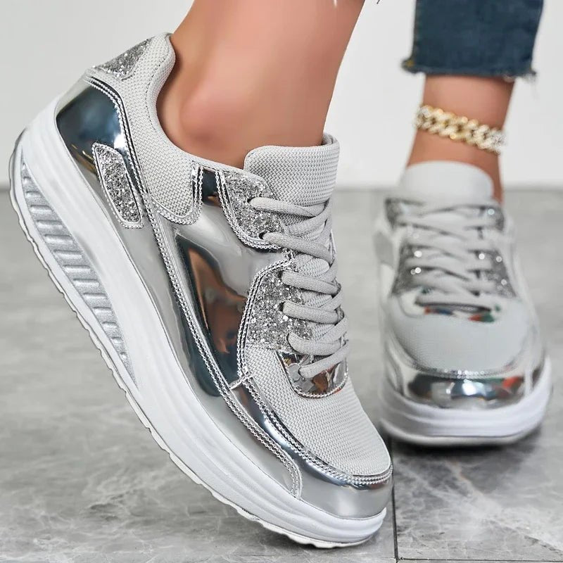 Platform Glitter Sneakers – Women’s Shiny Lace - Up TrainersAzizaK