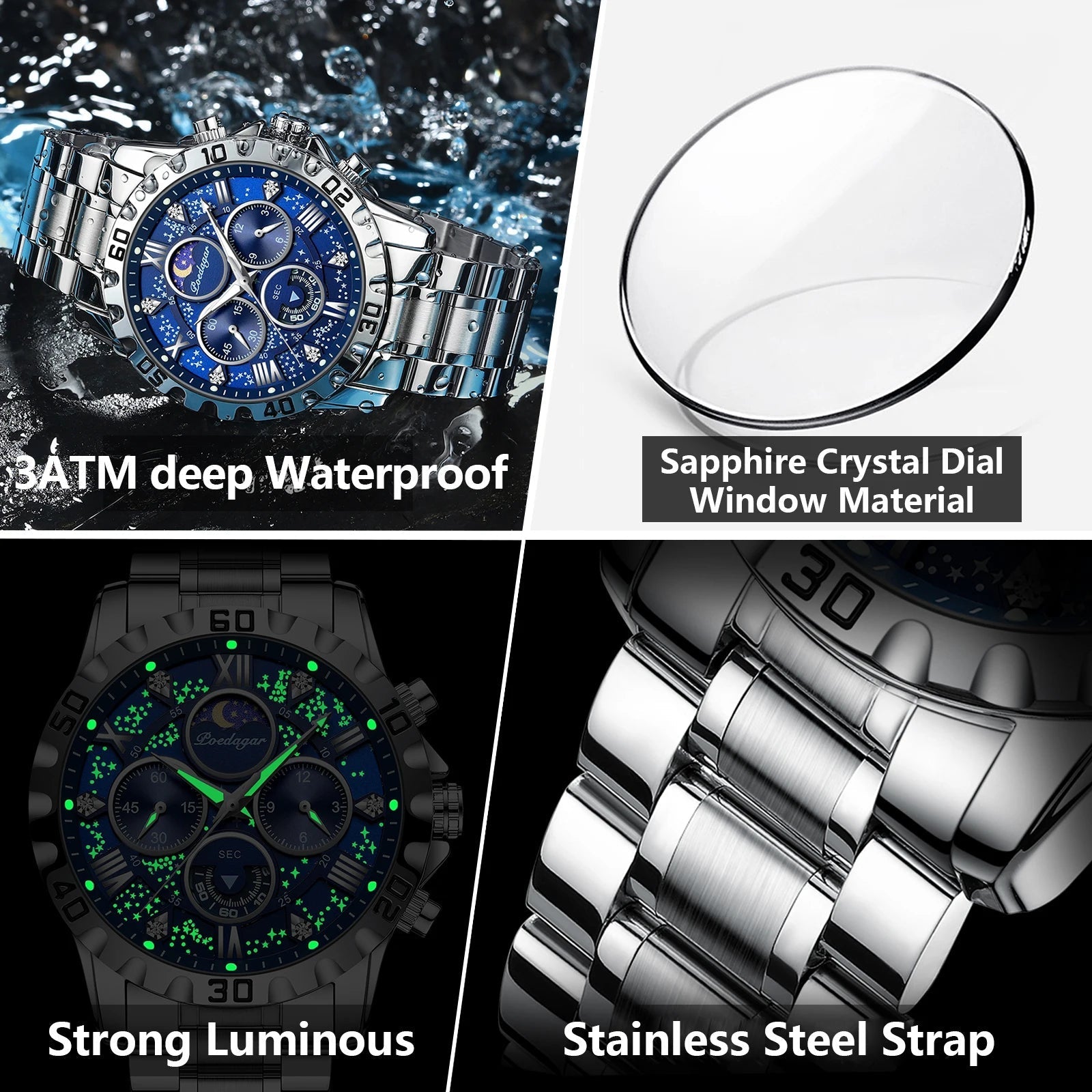 POEDAGAR Luxury Quartz Watch Sports Watch Waterproof Luminous Stainless Steel Chronograph Clock RelojAzizaK