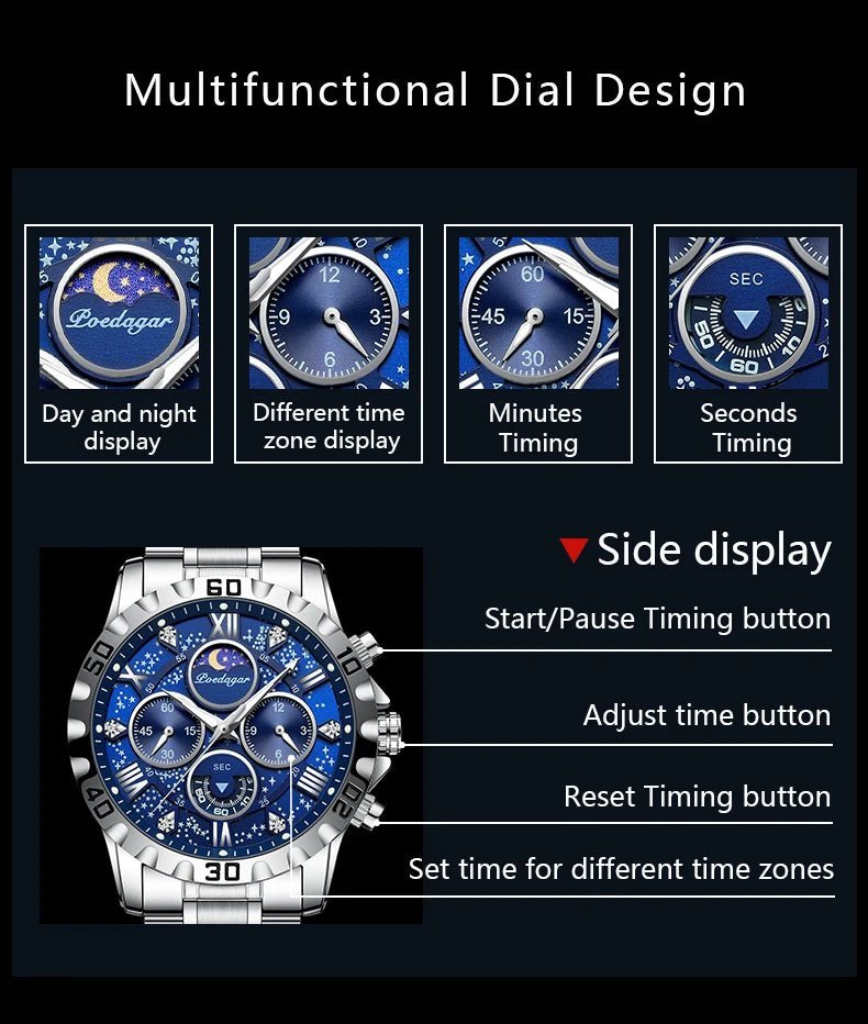 POEDAGAR Luxury Quartz Watch Sports Watch Waterproof Luminous Stainless Steel Chronograph Clock RelojAzizaK