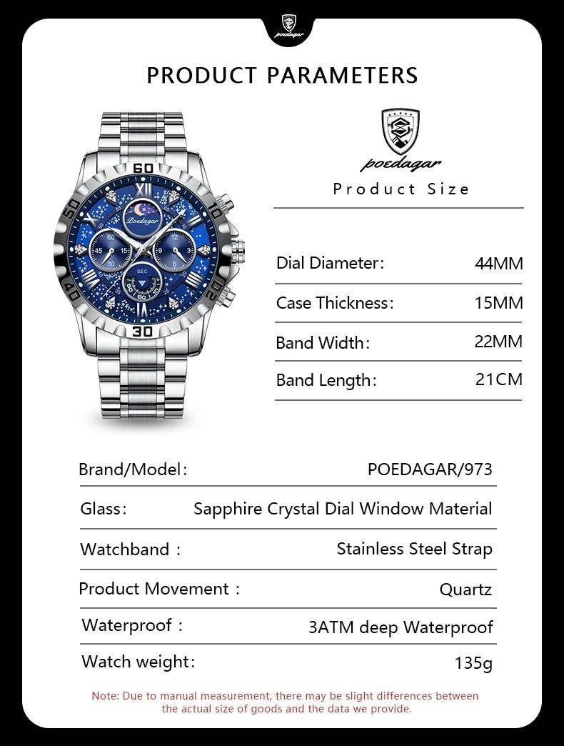 POEDAGAR Luxury Quartz Watch Sports Watch Waterproof Luminous Stainless Steel Chronograph Clock RelojAzizaK