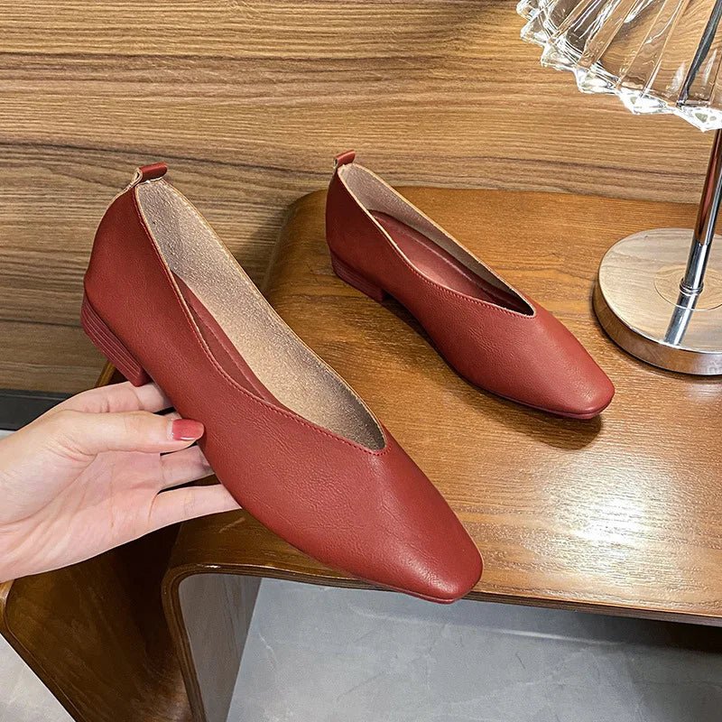 Retro Square Toe Flats – Women’s Low Heel Slip - OnsAzizaK
