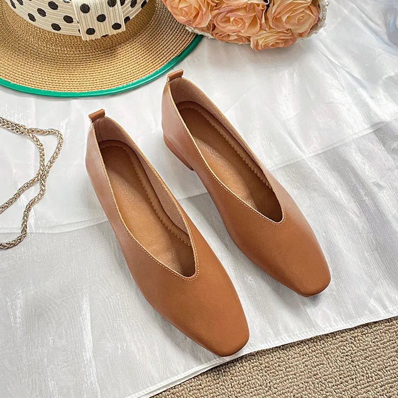 Retro Square Toe Flats – Women’s Low Heel Slip - OnsAzizaK