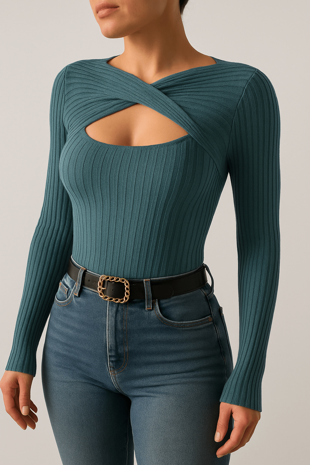 Ribbed Knit Long Sleeve Top with Cutout DesignAzizaK