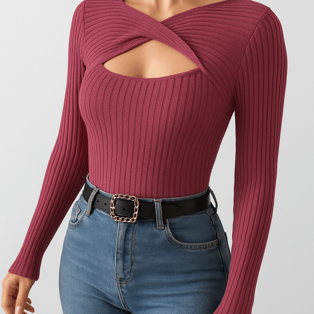 Ribbed Knit Long Sleeve Top with Cutout DesignAzizaK